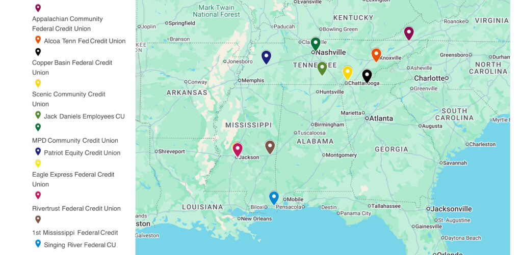 Map showcasing credit unions in Tennessee and Mississippi.