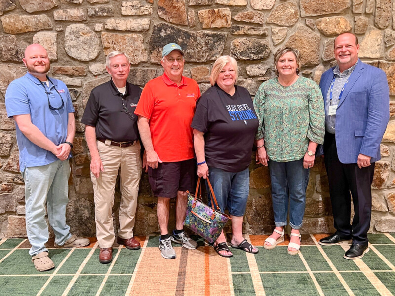 Clinchfield Federal Credit Union in Erwin — Stephen Hendrick, board member, Wade Tilson, chairman of the board, Andy Landers, board member, Sandy Lingerfelt, retired CEO, Amy Banks, CEO, and Fred Robinson, president and CEO at Tennessee Credit Union League, at Annual Convention in 2022.