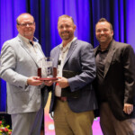Caren Gabriel was not able to attend the Hall of Fame event because she was serving the credit union movement out of state. Matt Jernigan, president and CEO of Ascend Federal Credit Union, accepts the Hall of Fame Award on Caren's behalf. He is pictured with Fred Robinson, president and CEO of the League, and Jeff Merry, president and CEO of VolCorp.
