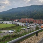 Mountains overlook the staging area for linemen in Gate City, Va. Photo by Eastman Credit Union.