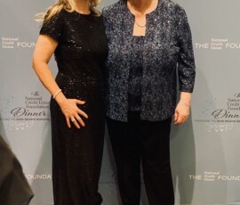 Kim Bohannon, chief innovation officer at the League, stands with Sandy Lingerfelt at the National Credit Union Foundation Herb Wegner Memorial Awards in 2020. Sandy served on the National Credit Union Foundation board.