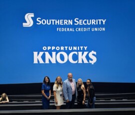 Debbie Painter, Sarah Waters and Fred Robinson with the Association gather with Dawn Graeter, CEO of Southern Security, and Kristina, Season 3 participant and credit union member.