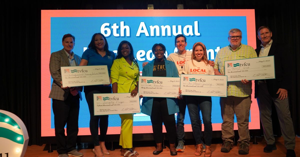 Todd Fortner, president and CEO, TVFCU, Chattanooga Idea Leap Grant winners, and Tommy Nix, vice president of business and commercial services, TVFCU.